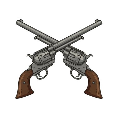 Illustration shows two crossed vintage revolver pistols with brown wooden handles in neutral lighting, creating a classic and bold mood.
