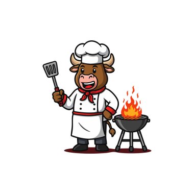 Çizgi film şefi spatula tutuyor ve canlı bir yemek sahnesinde aşçı şapkası ve önlüğü takarak alevlerle barbekü yapıyor. Eğlenceli ve neşeli..