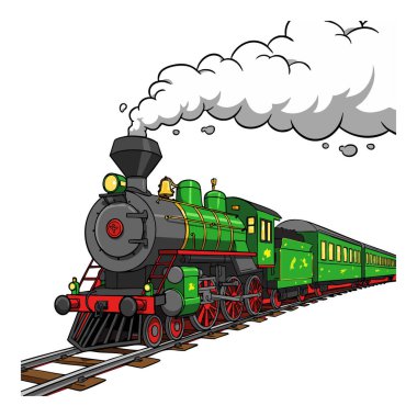 İllüstrasyon gösteriyor ki klasik yeşil buharlı bir lokomotif tren tren raylarda beyaz duman yayıyor yolcu arabalarıyla, kuşlar yukarıda uçuyor, neşeli bir ruh hali içinde..