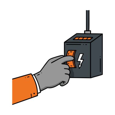 İllüzyon, elektrik güç kutusunun düğmesine yıldırım sembolü yerleştiren bir elin enerji kontrolü ve güvenliğini gösterdiğini gösteriyor. Sakin ol..