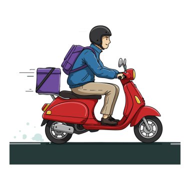 Resimde, kırmızı scooterlı bir teslimatçının mor bir sırt çantası ve kutusuyla şehir yolunda dinamik ve odaklanmış bir atmosfer yarattığı görülüyor..