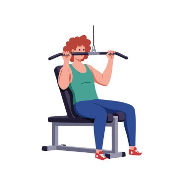 Çizimlere göre spor salonundaki bankta oturan bir kadın vücut egzersizi, odaklanma ve enerji dolu bir spor aleti kullanıyor..