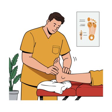 İllüzyon, turuncu üniformalı bir erkek terapistin klinik ortamda, sakin bir ortamda hasta bacağına ayak masajı yaptığını gösteriyor..