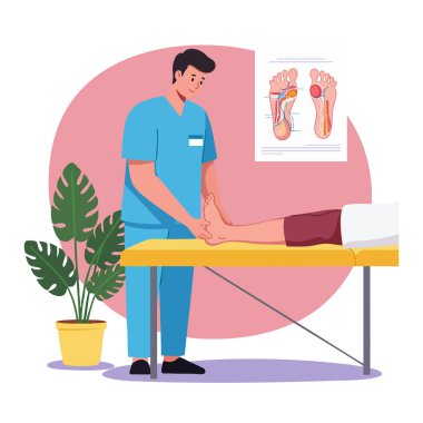 Erkek bir fizyoterapist, sakin bir klinikte, bir bitki ve ayak anatomisi posteriyle hasta ayağına masaj yapıyor. Huzurlu bir ruh hali..