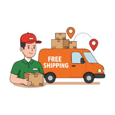 Teslimatçı, bir karton kutu tutuyor. Yanında da ücretsiz teslimat mesajı ve konum şifreleri olan turuncu bir minibüs var. Paket teslimat servisini gösteriyor. Neşeli..