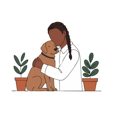İllüzyon, örgülü saçlı bir kadının sıcak ve sakin bir atmosferde iki saksı bitkisi arasında kahverengi bir köpeği kucakladığını gösteriyor..