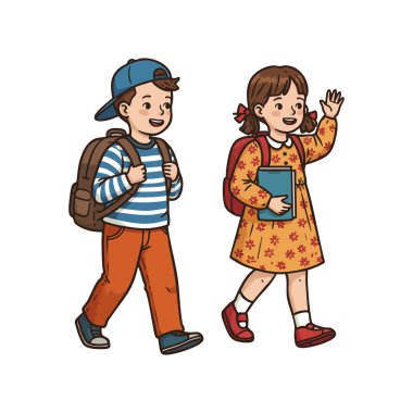 İki çocuk okula mutlu bir şekilde yürür, biri bir kitap taşır ve diğeri renkli günlük kıyafetler giymiş bir sırt çantasıyla. Neşeli ruh hali.