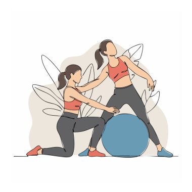 Vektör illüstrasyonunda spor için spor topu kullanan, sakin ve odaklanmış ruh haliyle sağlık ve sağlığı destekleyen iki kadın görülüyor..