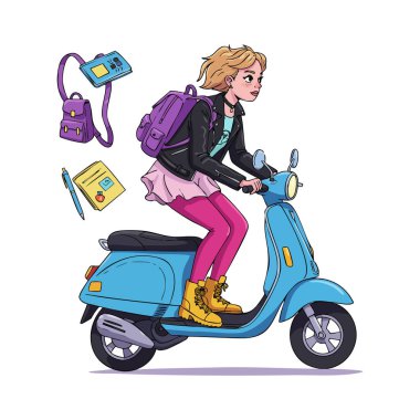 Mor bir sırt çantası ve dağınık okul malzemeleriyle mavi bir scooter süren genç bir kadının canlandırması dinamik ve enerjik bir ruh hali gösteriyor..