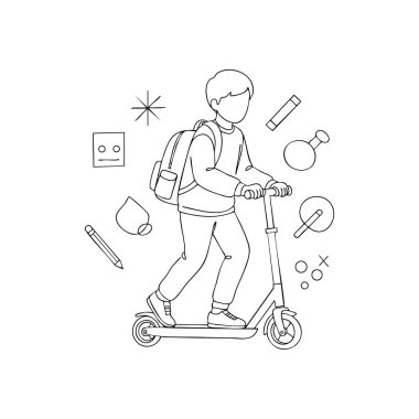 Resimde, okul malzemeleriyle çevrili bir sırt çantasıyla elektrikli scooter kullanan bir çocuk görülüyor. Basit bir sanat tarzı, neşeli bir havası var..