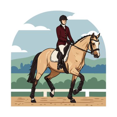 This vector shows an equestrian rider in red jacket and helmet riding a light brown horse during dressage in an outdoor arena under a blue sky. Calm mood.