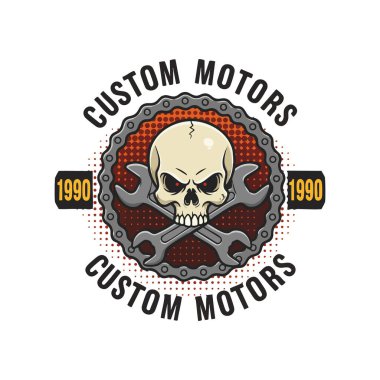 Özel motor amblemli bir dişli ambleminin içinde çapraz anahtarlar olan bir kafatasının vektör çizimi. Metin ve yıl 1990, kalın ve keskin tasarım. Gergin ruh hali.