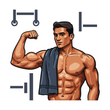 İllüzyon, kaslı bir adamın omuzuna havluyla kaslarını esnettiğini gösteriyor. Spor salonunda, kendine güvenen ve güçlü bir ruh hali içinde..