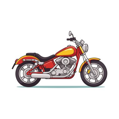 Bu vektör illüstrasyonunda klasik kırmızı ve sarı renkli bir motosiklet yan görünümde krom detaylarıyla klasik ve maceraperest bir hava yayıyor..