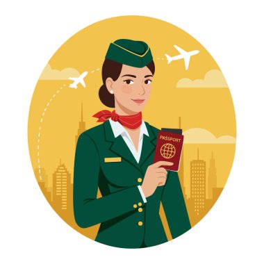 Resimde, elinde şehir silueti olan bir pasaport tutan üniformalı kadın uçuş görevlisi ve altın arka planda uçan uçaklar görülüyor. Kendine güveni tam..