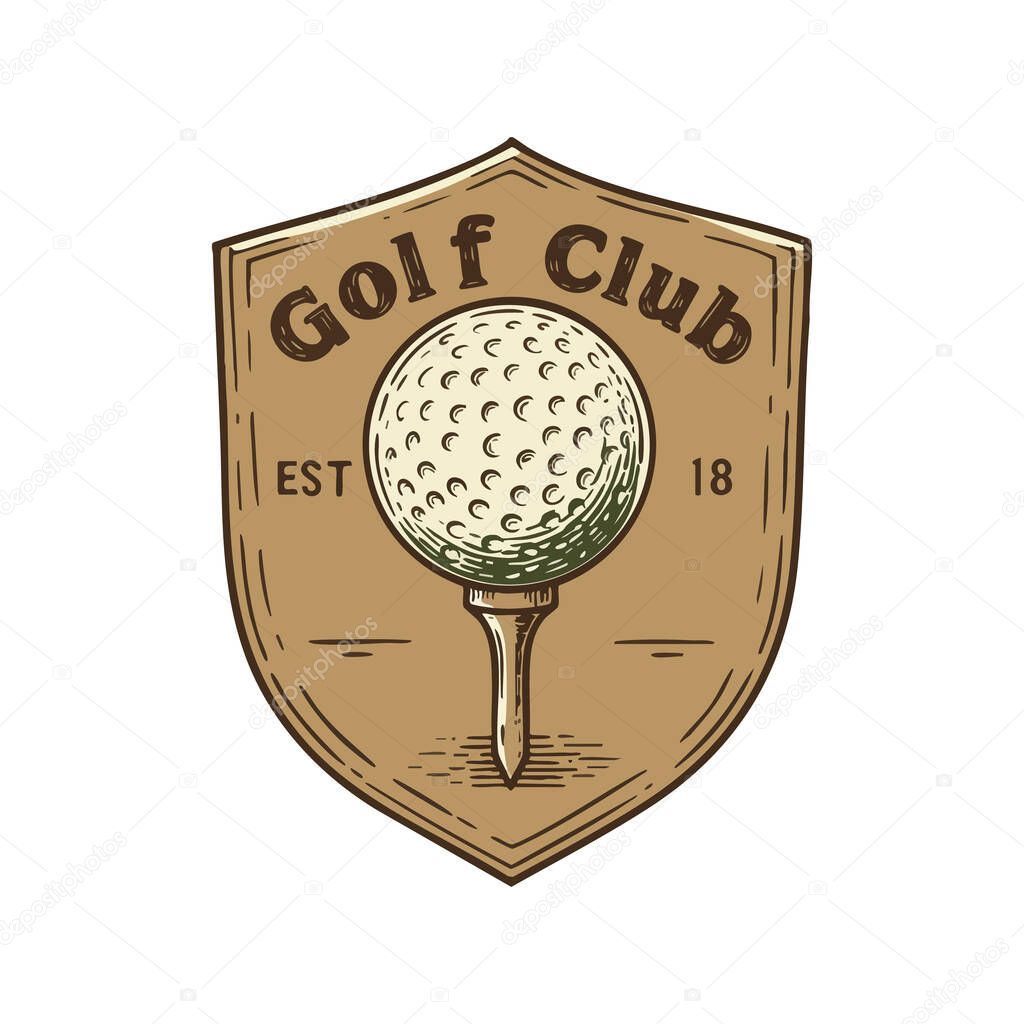 This vector illustration shows a vintage golf club emblem featuring a golf ball on a tee in brown and beige colors. Classic and sporty.