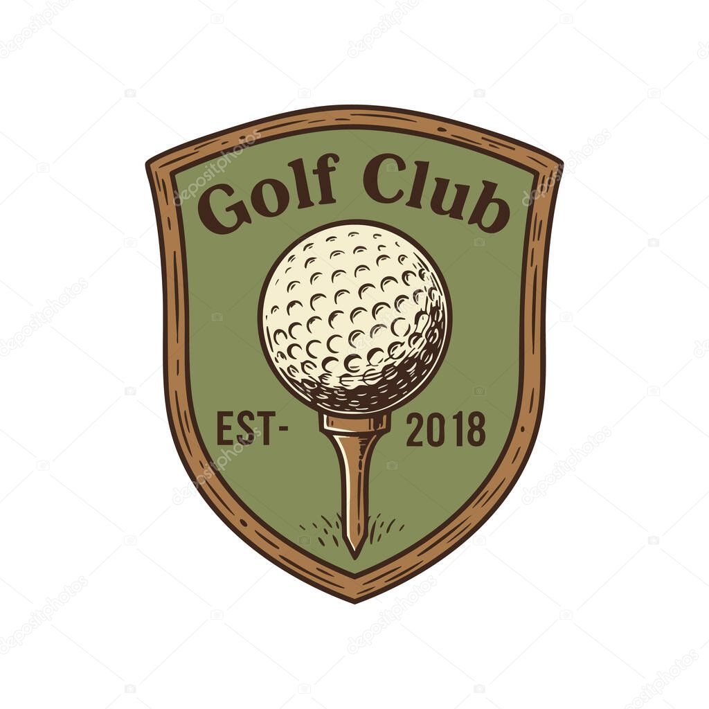 Vintage style golf club emblem featuring a detailed golf ball on a tee with earthy tones, conveying classic sports identity mood.
