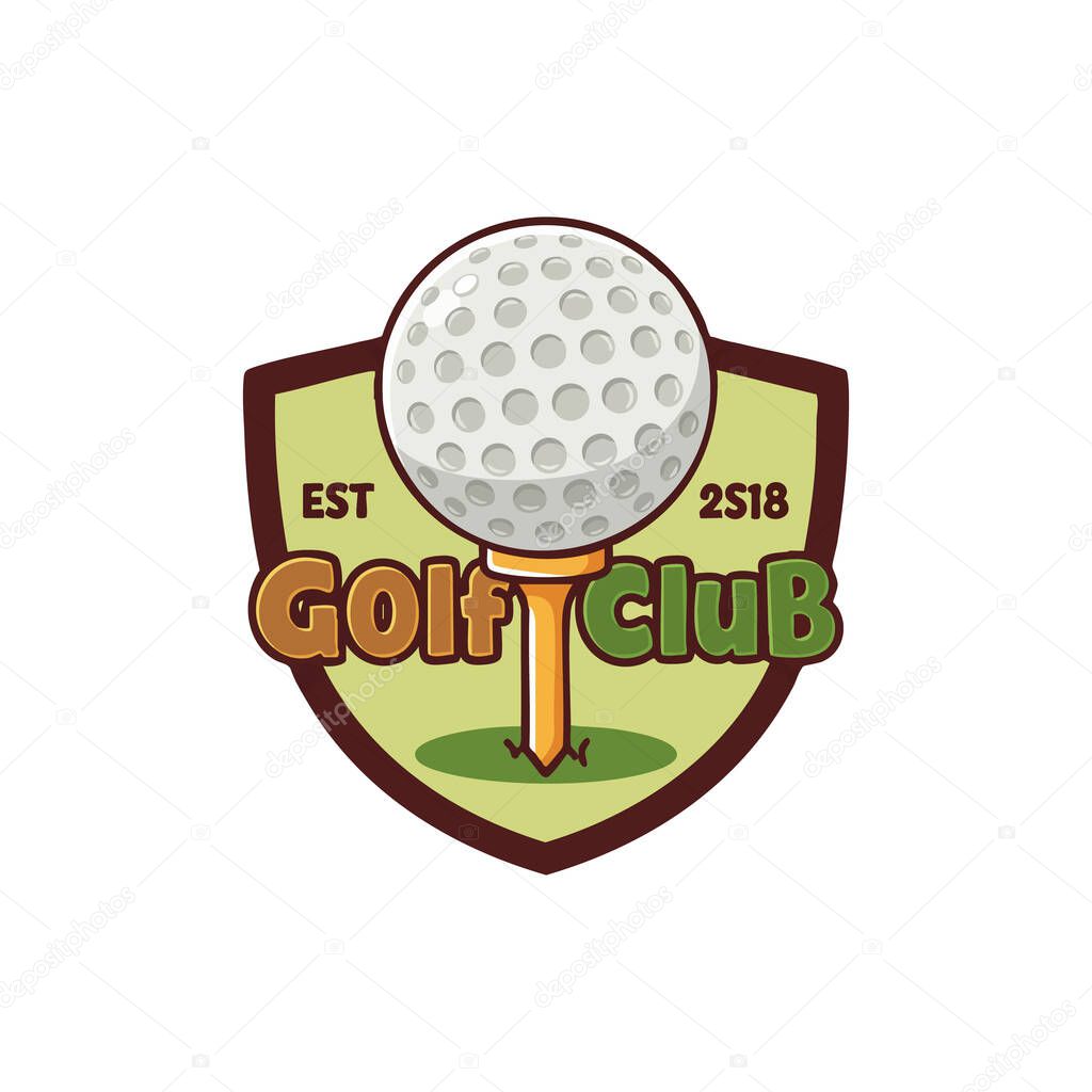 Vector illustration features a golf ball on a tee with shield background in green and brown tones, representing golf sport club. Cheerful.
