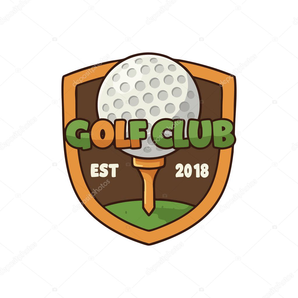 This vector illustration shows a golf ball on a tee within a shield, featuring green and orange colors in a sporty style. Energetic.