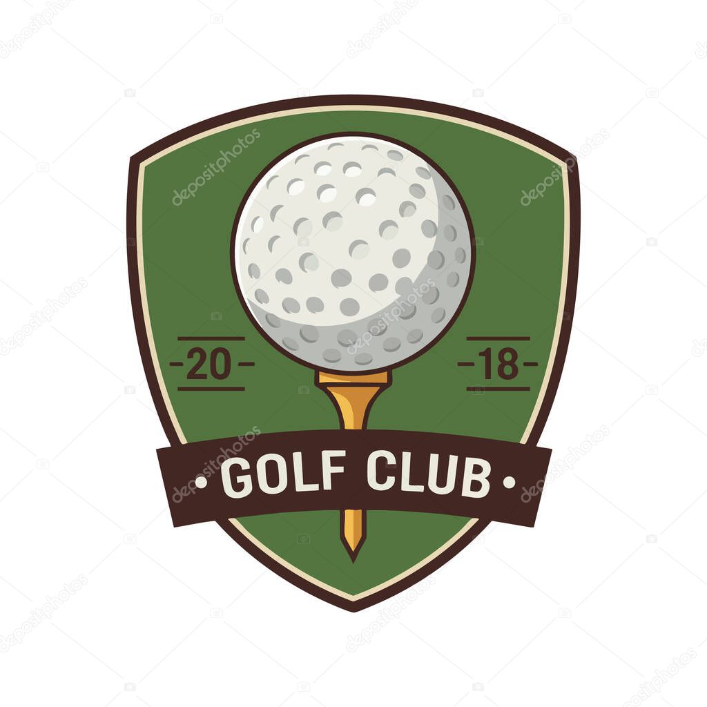 Vector shows golf ball on tee inside shield with golf club text and year 2018 in vintage style. Classic and sporty.