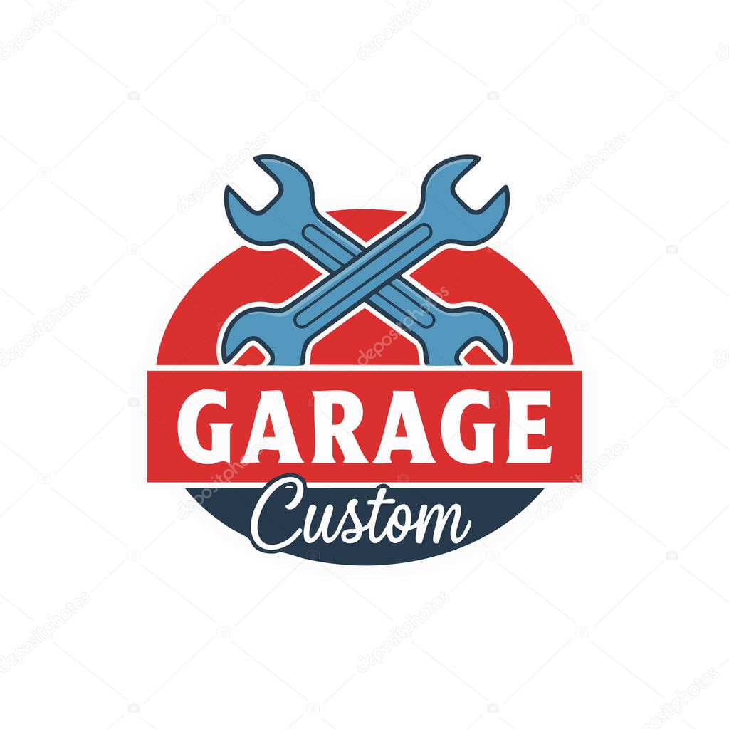 Vector illustration of a custom garage logo featuring crossed wrenches over red and dark blue circles in a vintage style, clean and bold mood.