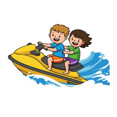 İki çocuk su üzerinde sarı bir jet ski kullanıyor. Gülücükler saçıyor, güneşli bir yaz gününün tadını çıkarıyor. Neşeli bir hava..