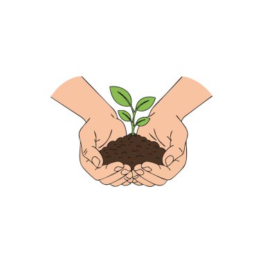 İllüstrasyon, çevre dostu bir konseptte büyümeyi ve bakımı sembolize eden küçük yeşil bir bitkiyle toprağı nazikçe tutan iki eli gösteriyor. Sakin ol..