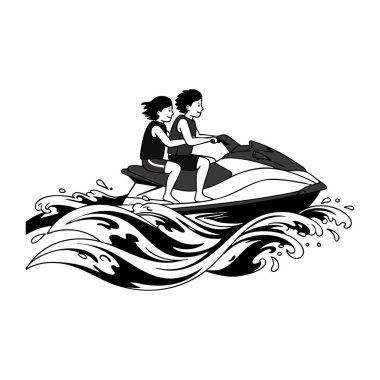 İki kişi, aktif su sporları ve hareket havasını yakalayan siyah-beyaz bir vektör çiziminde dinamik dalgaların üzerinde jet ski sürüyor..