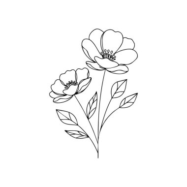 Bu vektör, minimalist bir botanik tasarımı temsil eden, sade siyah çizgi sanat tarzında yaprakları ve sapları olan iki çiçeği içerir. Sakin ve zarif..