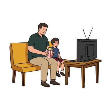 Baba ve oğlu sarı bir kanepede oturup patlamış mısırları paylaşırken birlikte televizyon izleyip, rahat bir aile keyfi yaşıyorlar. Sakin ol..