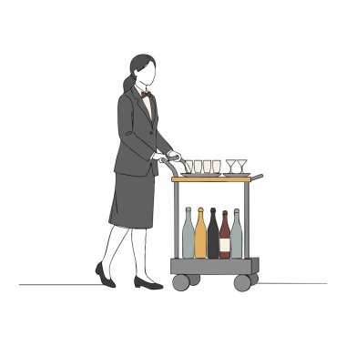 Resmi takım elbiseli bir kadın, elinde şişe ve bardakla bir tramvayı itiyor, profesyonel bir ortamda içki servisi yapıyor, sade bir stil, sakin bir ruh hali..