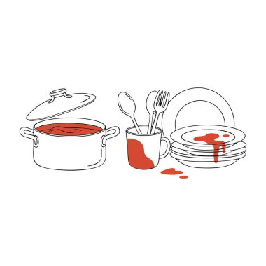 Çizimler, domates soslu, kaşıklı çatallı ve leke kaplı bir tencere gösteriyor. Basit ve temiz mutfak sahnesi. Sakin.