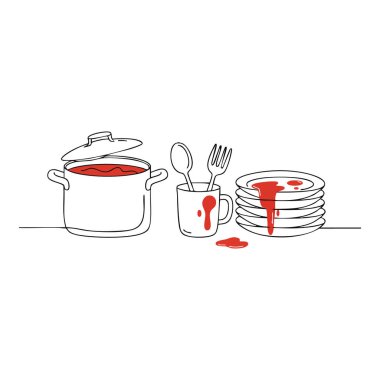 Resimlerde kırmızı sıvıyla esrar, kaşık ve çatal tutan leke ve kırmızı lekeli tabaklar görülüyor. Basit, temiz, minimal, sakin.
