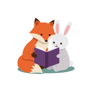 Tilki ve tavşan birlikte oturup mor bir kitap okurlar, dostluk ve öğrenme anlarını paylaşırlar. Sakin ve nazik ruh hali.