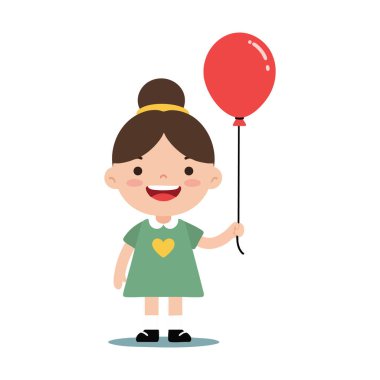 Vektör illüstrasyonunda kırmızı bir balon tutan yeşil elbiseli bir kız görülüyor. Neşeli ve neşeli bir ruh hali.