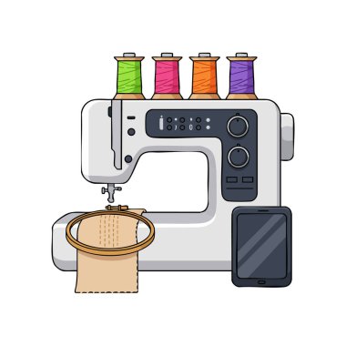 Dikiş makinesi, nakış işlemek için canlı iplik makaraları ve dijital tabletle temiz ve modern bir şekilde çalışır. Yaratıcı ve üretken ruh hali.