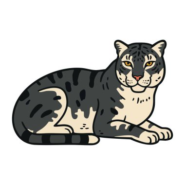 Bulutlu leopar sakince uzanır. Krema kürkünde belirgin siyah noktalar ve çizgiler vardır. Bu da huzurlu bir ruh halini çağrıştırır..