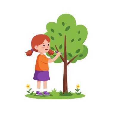 Kızıl saçlı bir kız yeşil bir açık havada çiçek ve çimenlerle bir ağaç boyuyor, yaratıcılığı ve doğa zevkini resmediyor. Neşeli ruh hali.