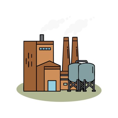 Bu vektör illüstrasyonunda, ambar ve bacaların duman yayarak üretim süreçlerini net bir şekilde temsil ettiği bir endüstriyel fabrika tasvir ediliyor. Sakin ol..