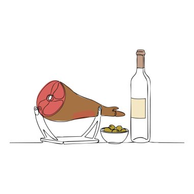 Bu vektör illüstrasyonunda bir jambon bacağı, bir kase zeytin ve bir şarap şişesi var. Basit bir sanat eseri, minimal ve temiz..