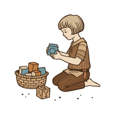 Illustration shows a child sitting and playing with colorful wooden blocks, fostering learning and creativity in a calm mood.