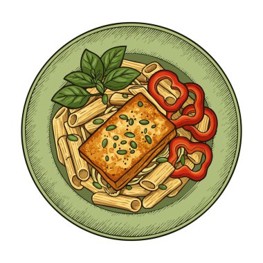 Illustration shows grilled tofu served with pasta, red bell pepper slices, and basil leaves on a green plate, creating a fresh meal. Calm mood.