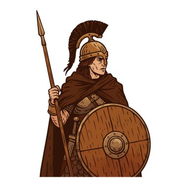 Illustration shows an ancient warrior soldier wearing helmet and cloak holding spear and round shield, standing confidently, historic mood.