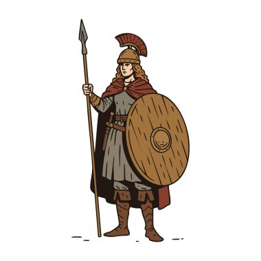 Illustration shows an ancient female warrior standing with a spear and wooden shield in historical armor and helmet, exuding strength and courage.