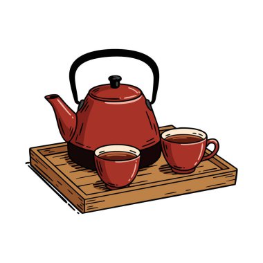 Illustration shows red teapot and two matching cups on wooden tray, suggesting warm tea time in cozy setting. Calm mood.