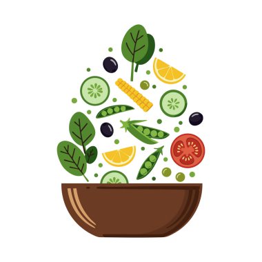 This vector illustration features a fresh vegetable salad with leafy greens, cucumber slices, tomato, lemon wedges, and corn in a brown bowl, vibrant and healthy mood.
