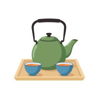 Illustration shows a green teapot and two blue cups on a wooden tray with warm tea inside, presenting a cozy tea moment. Calm.