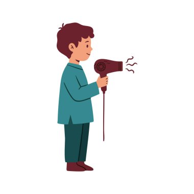 Illustration shows a boy holding a hairdryer blowing warm air with a calm and focused expression. Simple and clean style, positive mood.