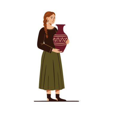 Kadın elinde geometrik desenli kestane rengi bir vazo, kahverengi bir üst ve zeytin bir etek giyiyor. Görüntü sakin ve huzurlu..