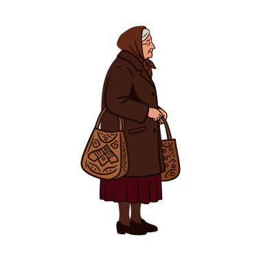 Resim, kahverengi ceketli ve türbanlı yaşlı bir kadının elinde iki adet desenli çanta, sakin bir ifadeyle profilde durduğunu gösteriyor. Basit ve sakin..